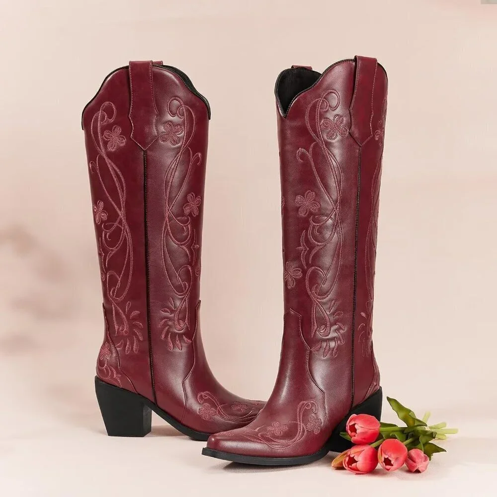Women Faux Leather Passion Red Floral Embroidered Chunky Heel Pointed Toe Boot